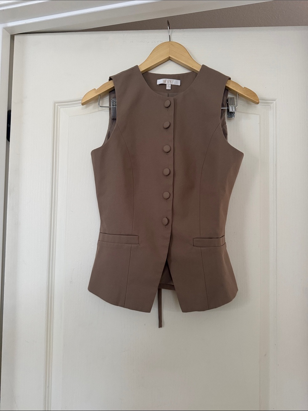 WAYF Taupe Tailored Covered Button Vest | Sleeveless Office Chic